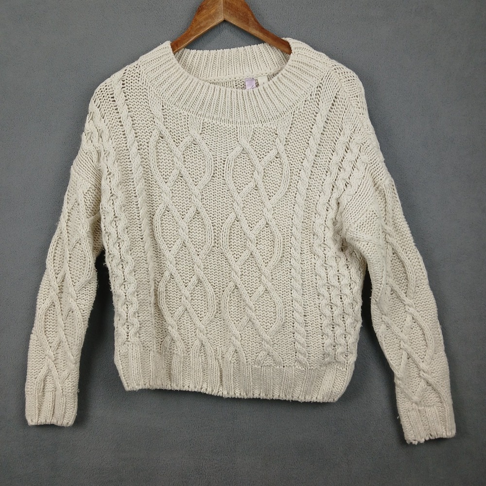 Alya Chunky Knit‎ Sweater Womens Small Beige Cable Crew Neck Dropped Shoulder